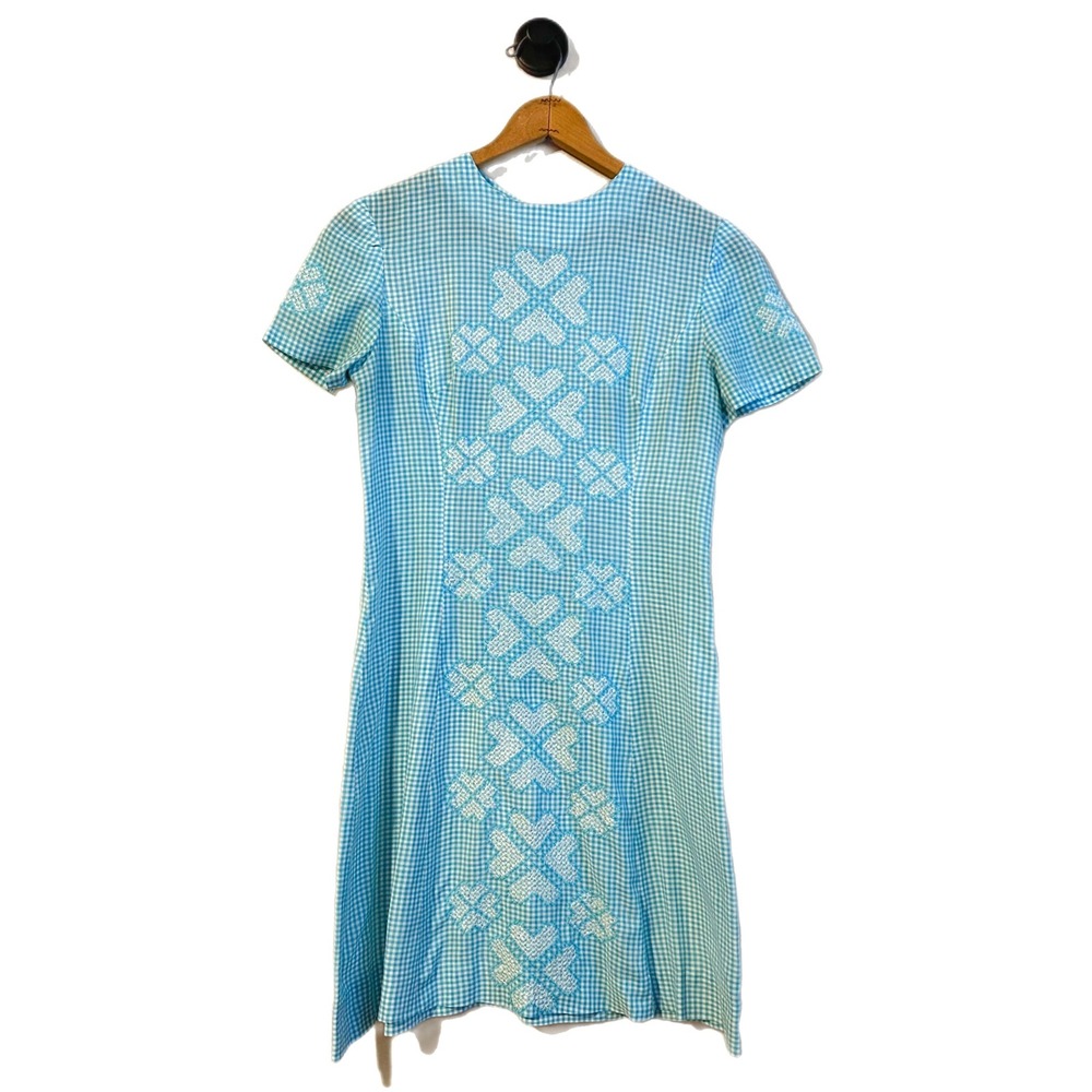 Vintage Handmade 50s 60s Blue Gingham Dress w/ Embroidery & Talon Zipper A-Line